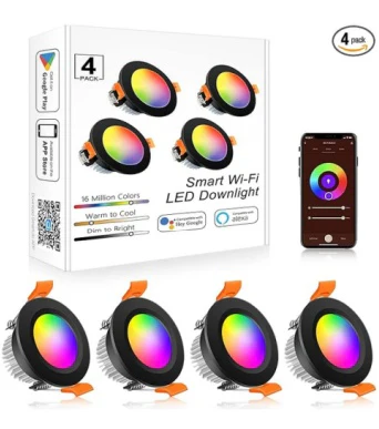 Smart RGB Downlight – WiFi Recessed Lighting, 2 Inch 5W, Dimmable RGB + CCT 2700–6500K, Works with Alexa & Google, 100–240V, Black Housing, 4 / 6 / 10 Pack Options
