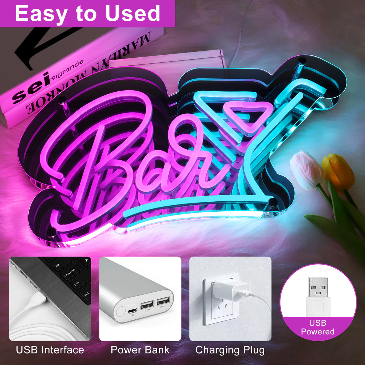 LED Neon Signs – Bar LED Sign – 16.5 × 9 Inch | Pink & Ice Blue Glow | USB Powered | Hanging | Ideal for Bar, Pub, Lounge, Nightclub, Party Mood Lighting