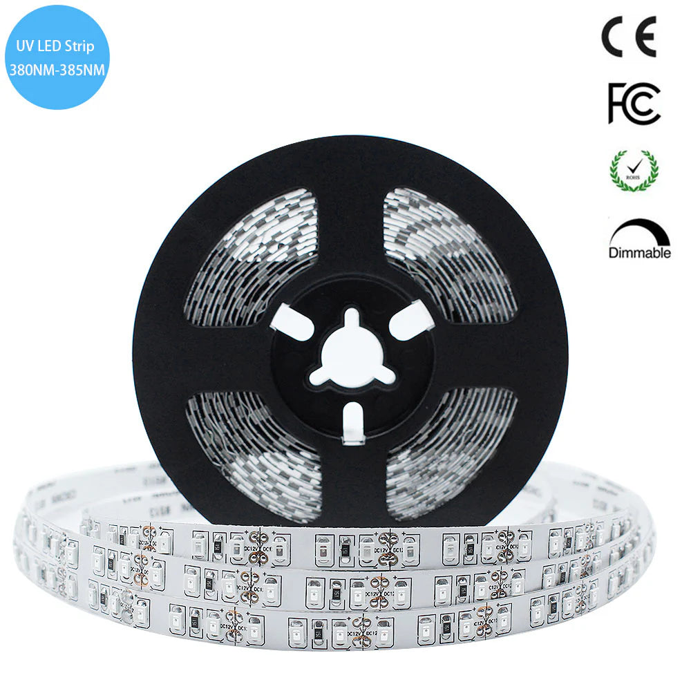 LightingWill 395–405nm SMD2835 UV LED Strip Light – 60/120/240 LEDs/m, 5M (16.4FT), Non-Waterproof/IP67