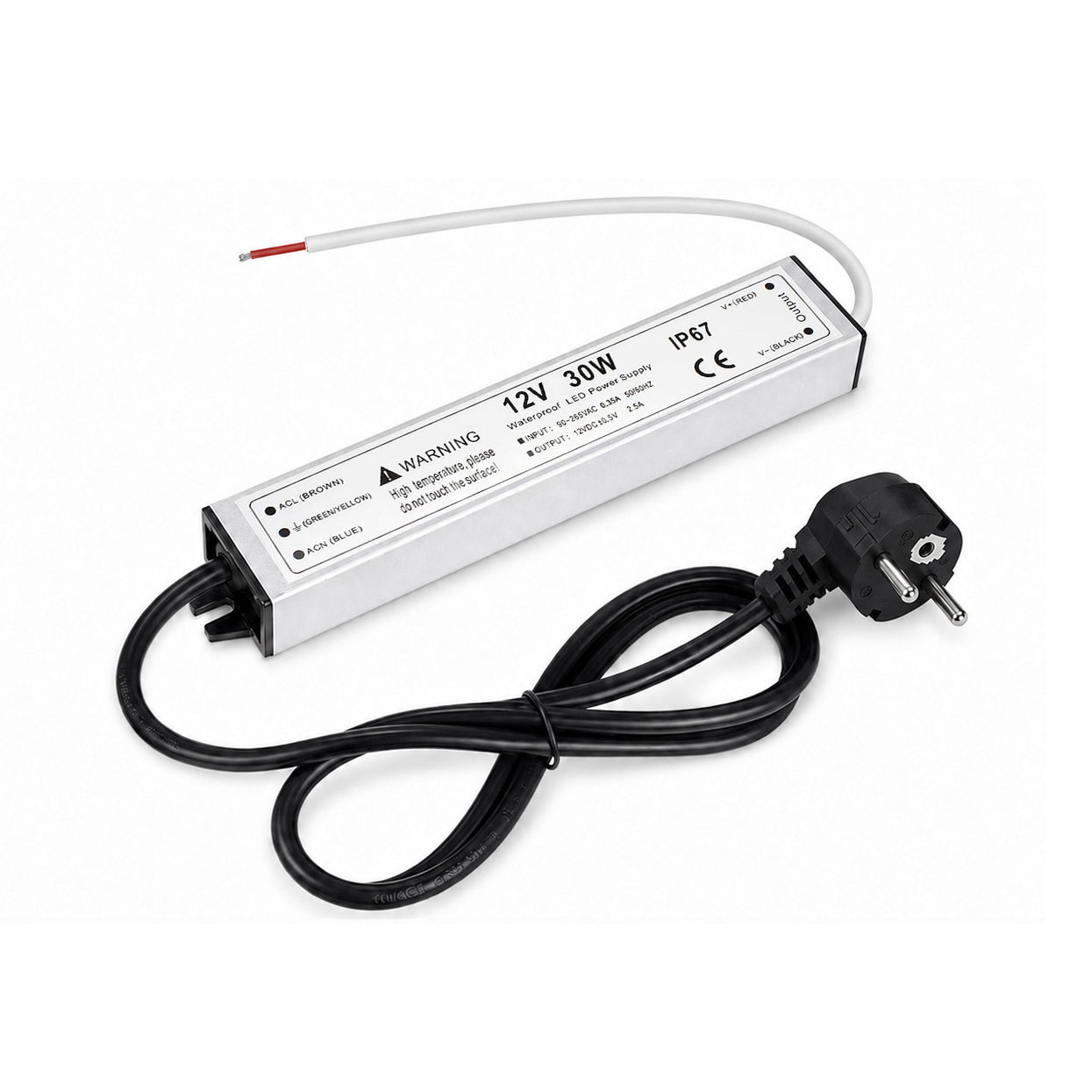 30W 12V/24V Waterproof LED Power Supply, 90-265V Input, Single Output, Aluminum Housing, Outdoor LED Lighting Driver, CE/RoHS/FCC Certified, US/UK/EU Plug