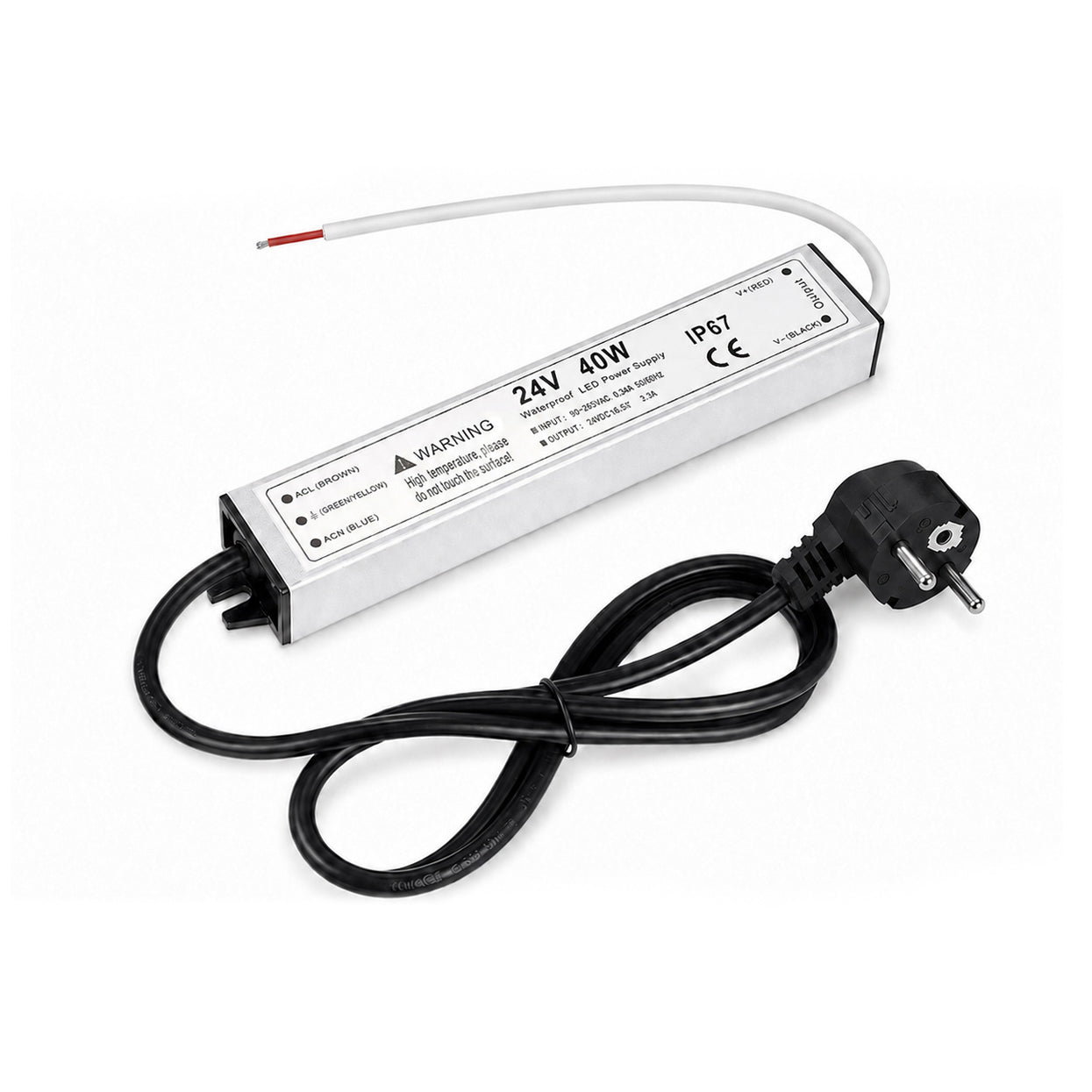 40W 12V/24V Waterproof LED Power Supply, 90-265V Input, Single Output, Aluminum Housing, Outdoor LED Lighting Driver, CE/RoHS/FCC Certified, US/UK/EU Plug
