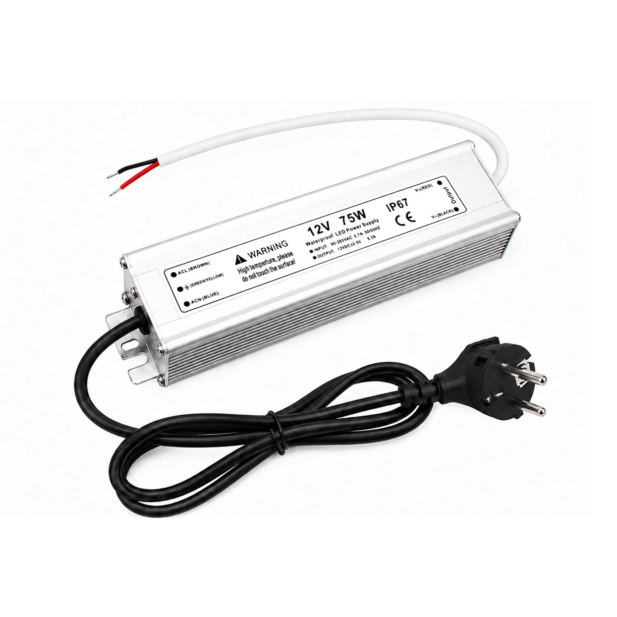75W 12V Waterproof LED Power Supply, 90-265V Input, Single Output, Aluminum Housing, Outdoor LED Lighting Driver, CE/RoHS/FCC Certified, US/UK/EU Plug