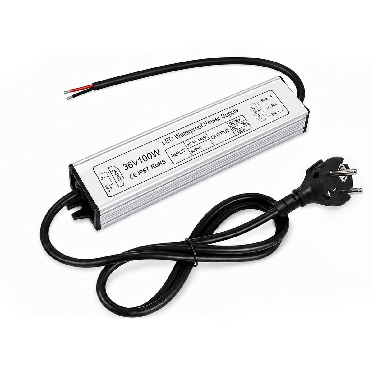 100W 36V/48V Waterproof LED Power Supply, 175-265V Input, Single Output, Aluminum Housing, Outdoor LED Lighting Driver, CE/RoHS/FCC Certified, US/UK/EU Plug