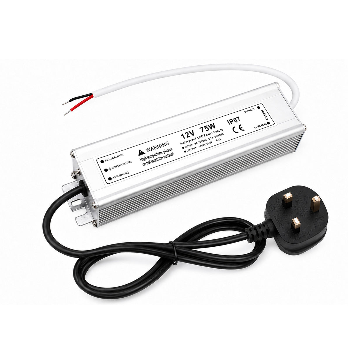 75W 12V Waterproof LED Power Supply, 90-265V Input, Single Output, Aluminum Housing, Outdoor LED Lighting Driver, CE/RoHS/FCC Certified, US/UK/EU Plug