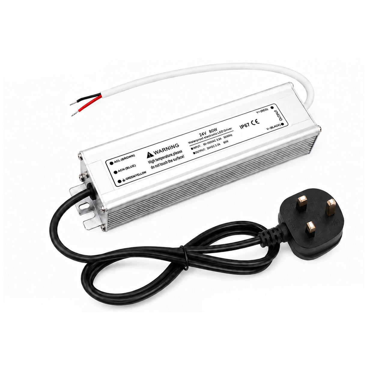 80W 12V/24V/36V/48V Waterproof LED Power Supply, 90-265V Input, Single Output, Aluminum Housing, Outdoor LED Lighting Driver, CE/RoHS/FCC Certified, US/UK/EU Plug