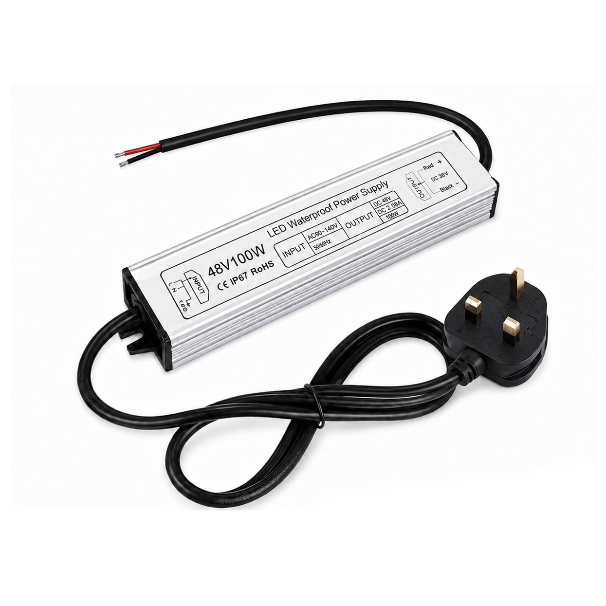100W 36V/48V Waterproof LED Power Supply, 175-265V Input, Single Output, Aluminum Housing, Outdoor LED Lighting Driver, CE/RoHS/FCC Certified, US/UK/EU Plug