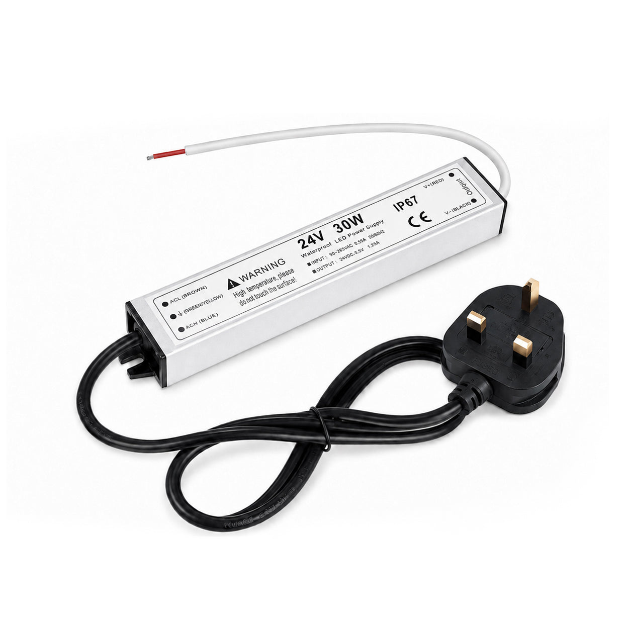 30W 12V/24V Waterproof LED Power Supply, 90-265V Input, Single Output, Aluminum Housing, Outdoor LED Lighting Driver, CE/RoHS/FCC Certified, US/UK/EU Plug