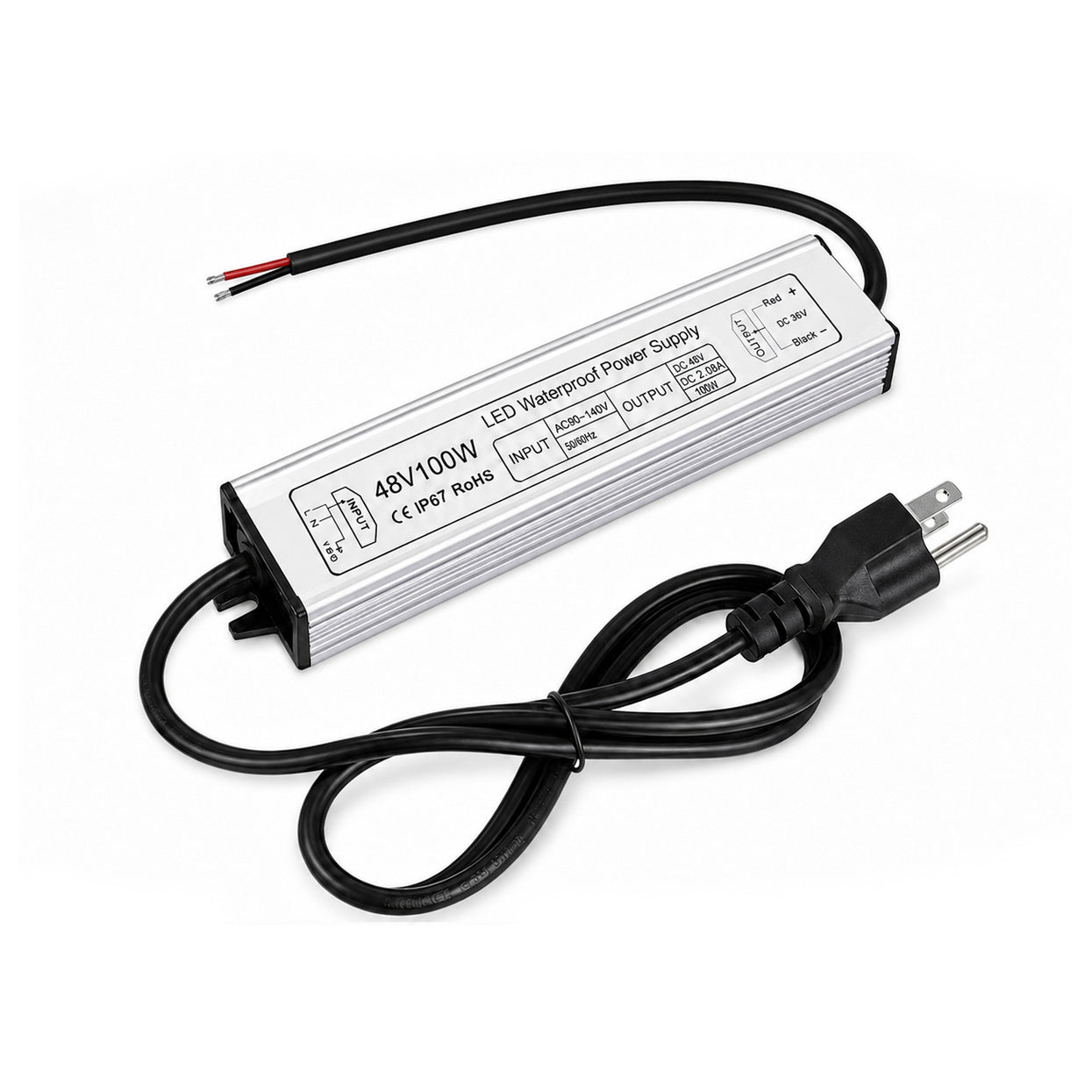 100W 36V/48V Waterproof LED Power Supply, 90-140V Input, Single Output, Aluminum Housing, Outdoor LED Lighting Driver, CE/RoHS/FCC Certified, US Plug