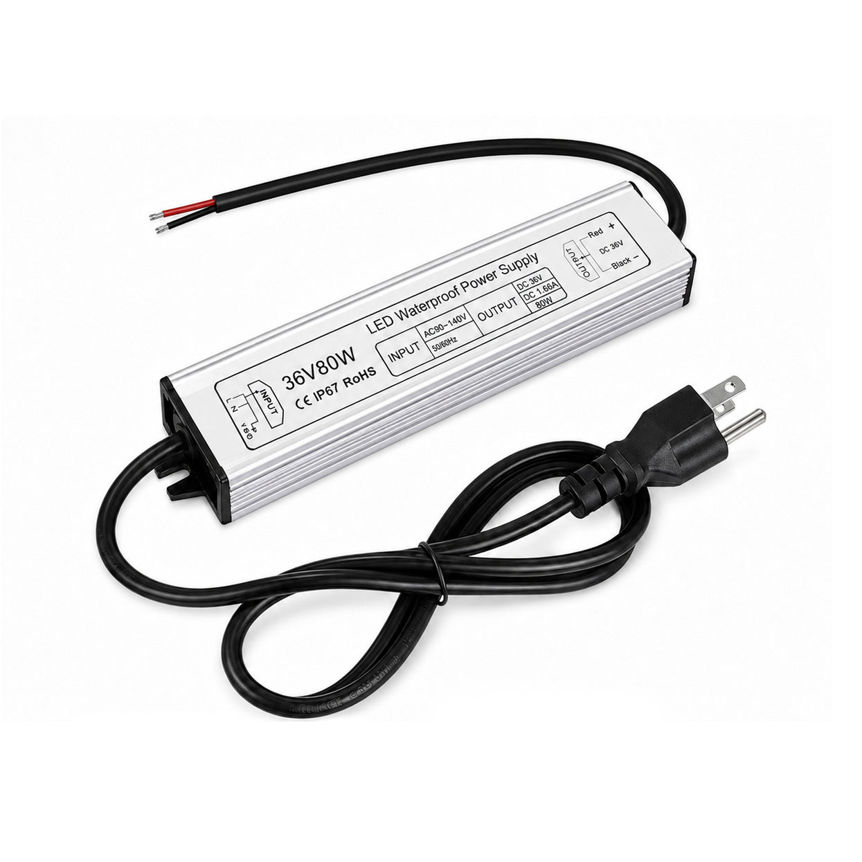 80W 12V/24V/36V/48V Waterproof LED Power Supply, 90-265V Input, Single Output, Aluminum Housing, Outdoor LED Lighting Driver, CE/RoHS/FCC Certified, US/UK/EU Plug
