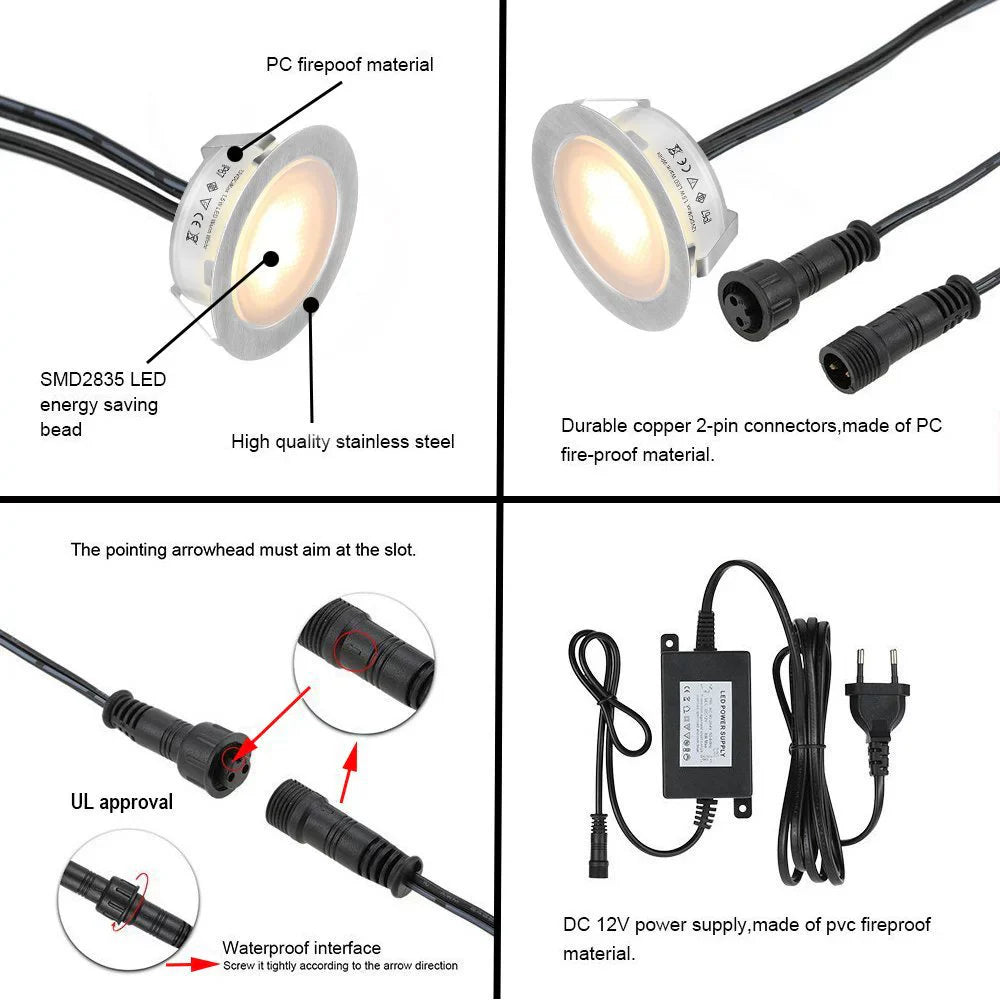 6-Pack Recessed LED Deck Lights – 1.5W Each | Warm White / Natural White | AC100–265V Input with Power Adapter | US / EU / UK / AU Plug Options | IP67 Waterproof Inground Step Lights Kit for Deck, Garden, Yard, Stairs & Pathway Lighting