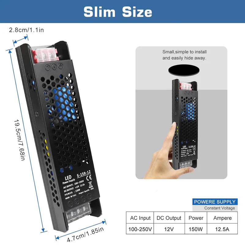 Slim Black DC 12V/24V 36W–200W Switching Power Supply, AC 110–250V Input, Narrow Type LED Transformer, Compact Metal Housing, CE/FCC/RoHS Certified