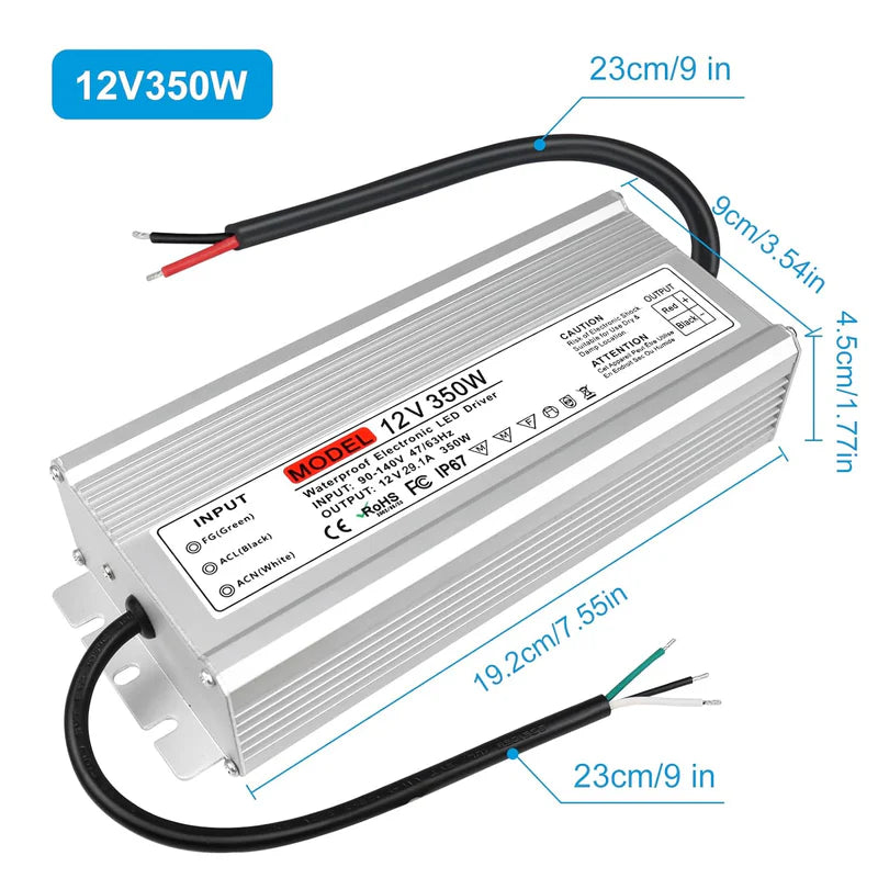 12V Waterproof LED Transformer, 200W–500W Outdoor LED Driver, 90–140V AC Input, Single or Dual Wire Output, CE/RoHS/FCC Certified, US Plug & Wire Lead Options
