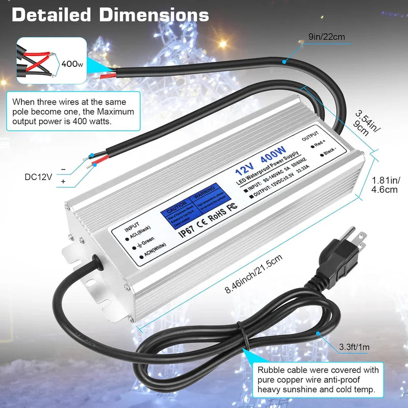 12V Waterproof LED Transformer, 200W–500W Outdoor LED Driver, 90–140V AC Input, Single or Dual Wire Output, CE/RoHS/FCC Certified, US Plug & Wire Lead Options