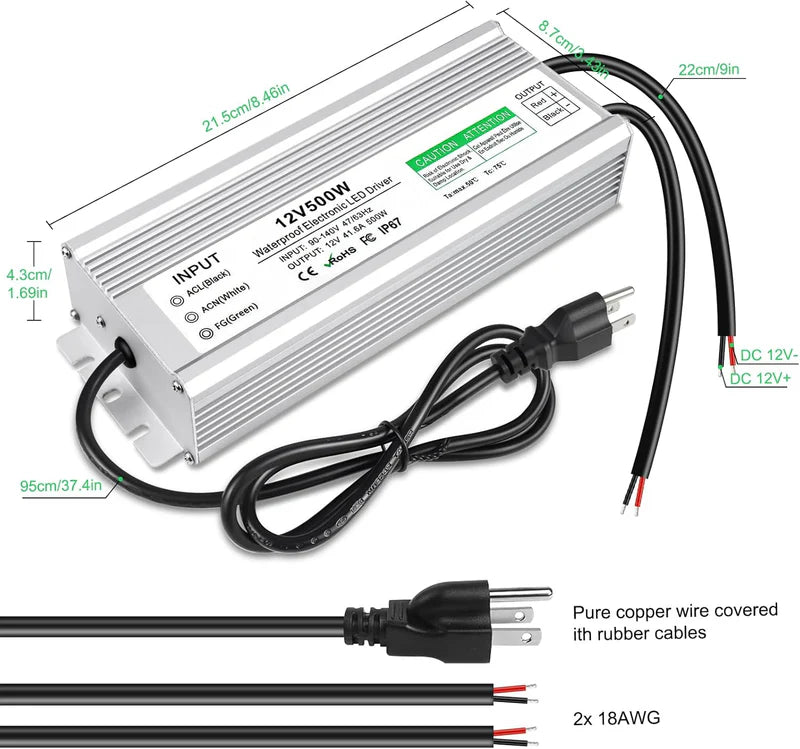 12V Waterproof LED Transformer, 200W–500W Outdoor LED Driver, 90–140V AC Input, Single or Dual Wire Output, CE/RoHS/FCC Certified, US Plug & Wire Lead Options