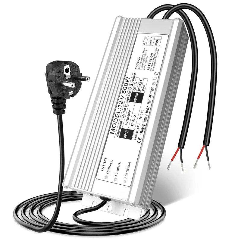 12V Waterproof LED Power Supply – 200W–500W Outdoor LED Driver, 175–265V AC Input, Single or Dual Wire Output, CE/RoHS/FCC Certified, UK/EU Plug & Wire Lead Options
