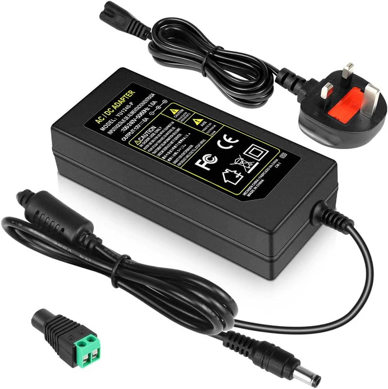 Desktop Power Supply Adapter DC 12V 36W–120W, AC 100–240V Input Switching Transformer Charger with US/UK Plug for LED Strip Lights, CCTV, Pumps, Electronics