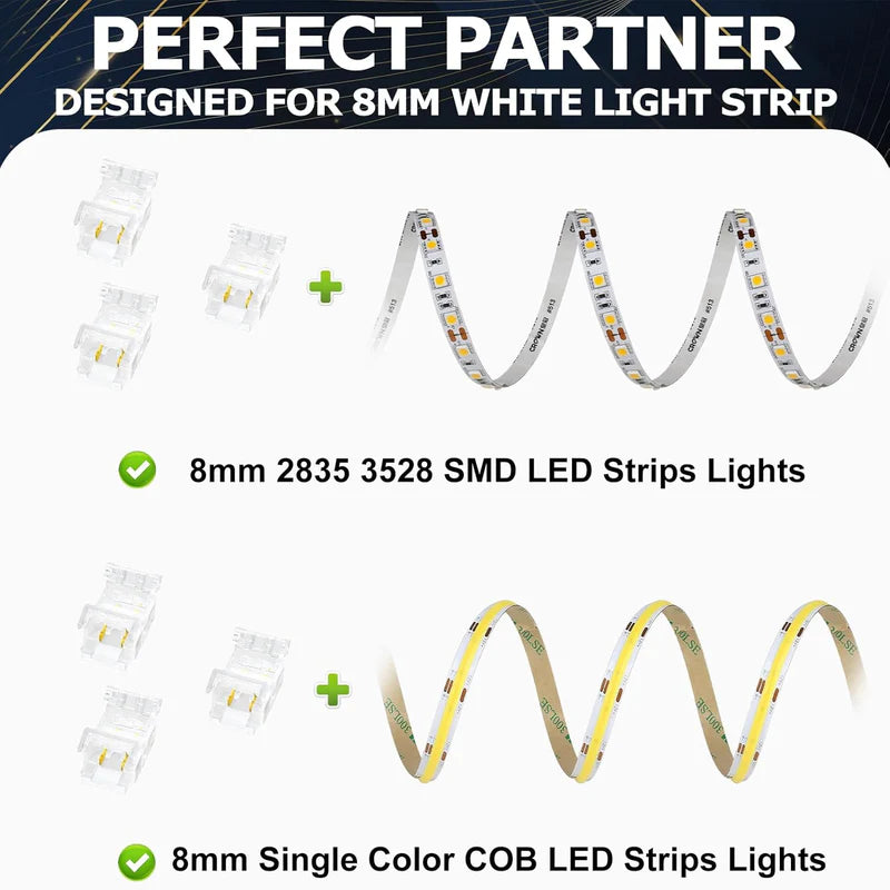 LightingWill LED Strip Connector 8mm 2Pin Transparent Solderless Clips, LED Light Strip Connector Crystal Strip to Wire Strip to Strip DC Adapter L Connector, Local Stock US UK