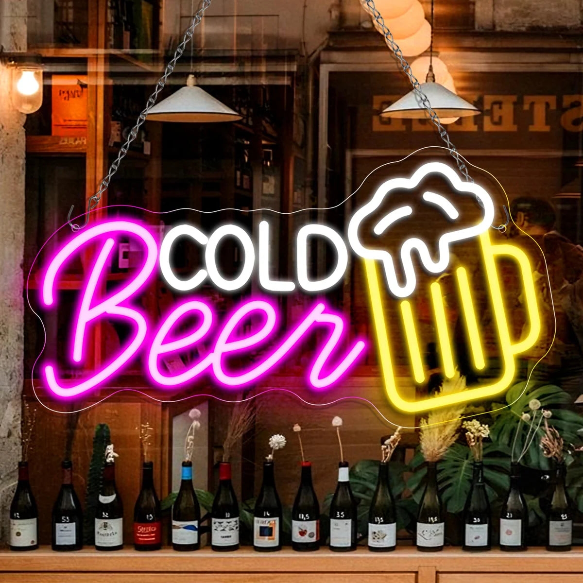 Cold Beer LED Sign – Multi-Color Glow | 16.5 × 8.8 inch | USB Powered | Hanging | Ideal for Bar, Pub, Lounge, Nightclub, Party Mood Lighting