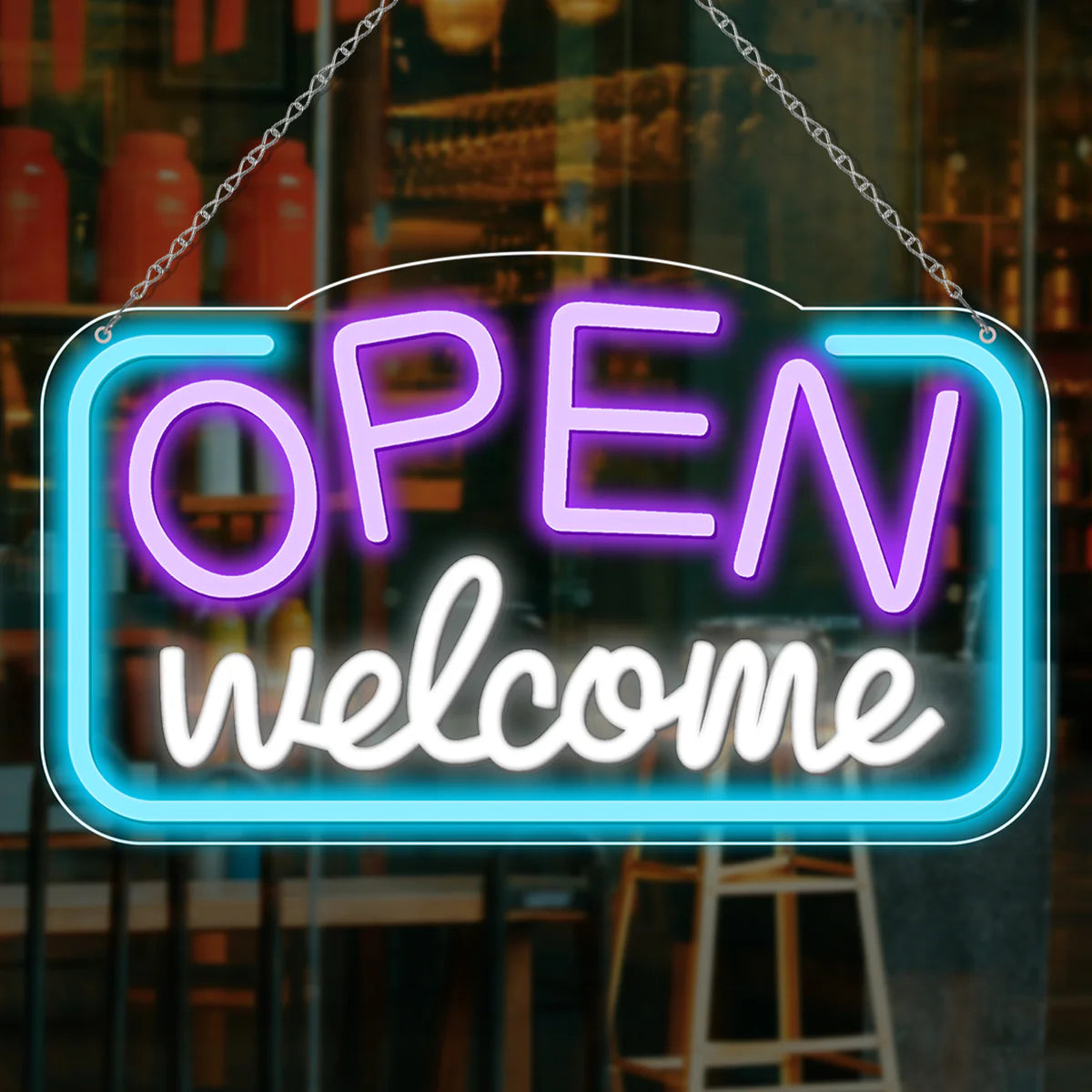 OPEN Welcome Neon Sign – 2 Color Options | USB Powered | 17×10 inch (43×25 cm) | LED Light for Storefront Window