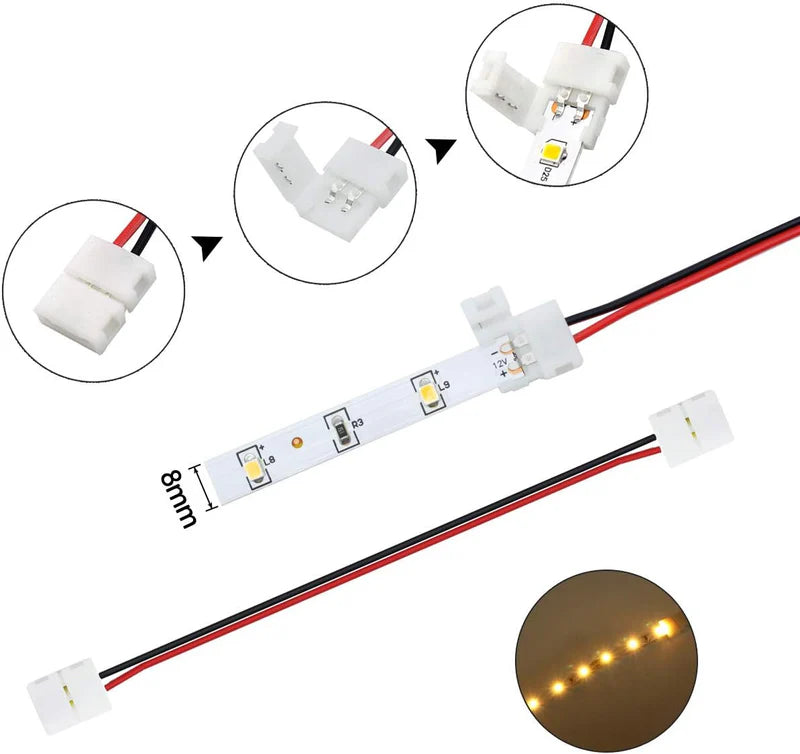 LightingWill LED Strip Connector Kit 8mm 2Pin Solderless Assortment, LED Light Strip Connector Kit Strip to Wire Strip to Strip L T DC Plug Set, Local Stock US UK