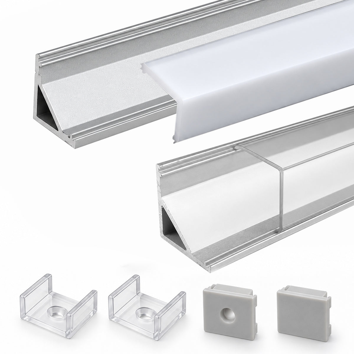 Silver V01 16x16mm V-Shape Corner-Mount LED Aluminum Channel, 12mm Inner Width, with Cover, End Caps & Mounting Clips