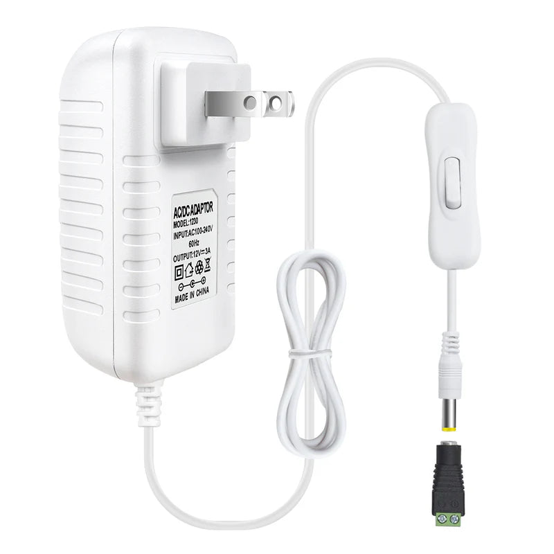 Power Supply Adapter DC 12V with On/Off Switch, 12W–36W Options, AC 100–240V Wall Plug Charger with US Plug, Black/White Housing for LED Strip Lights, Electronics