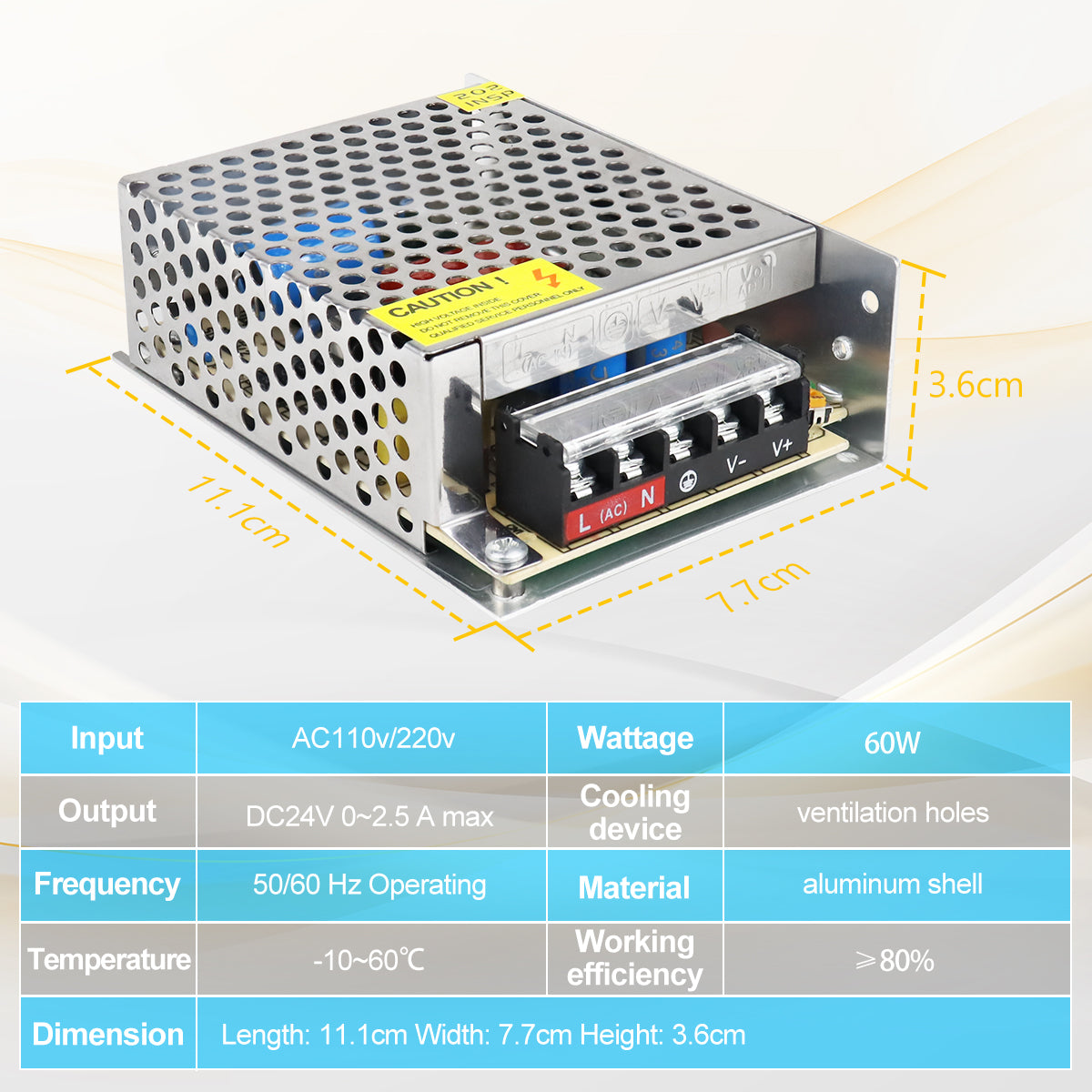 DC 24V LED Switching Power Supply 60W–240W, AC 110/220V Input, Constant Voltage LED Driver Transformer, Durable Metal Housing with Screw Terminals, CE/FCC/RoHS Certified