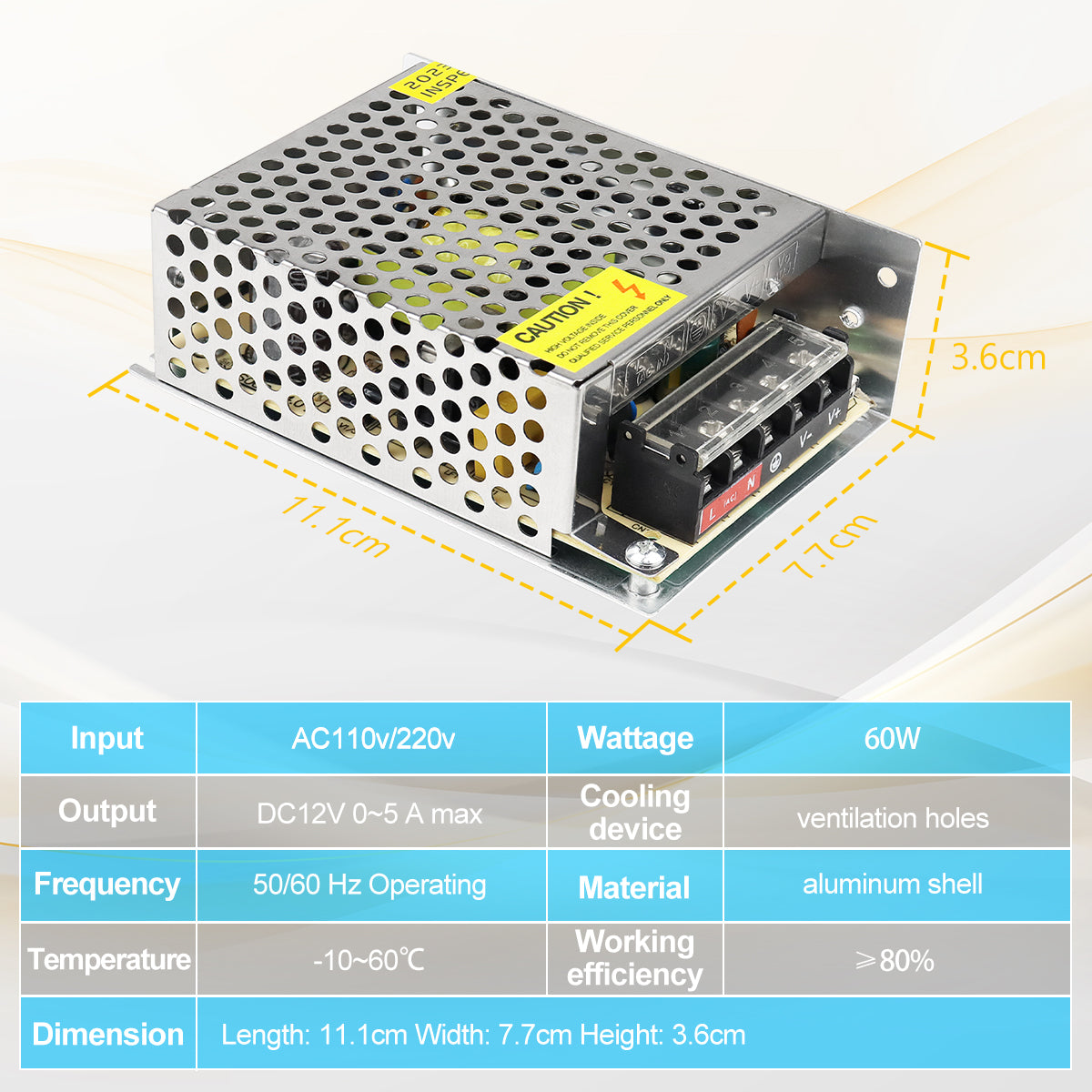 DC 12V LED Switching Power Supply 60W–240W, AC 110/220V Input, Constant Voltage LED Driver Transformer, Durable Metal Housing with Screw Terminals, CE/FCC/RoHS Certified