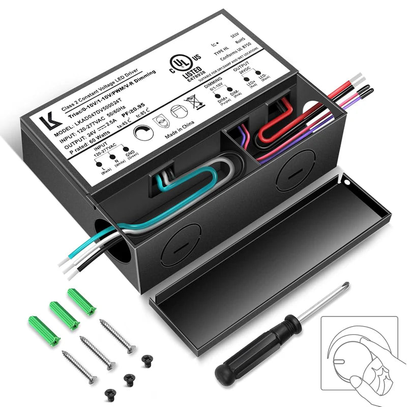 24V DC 5-in-1 Dimmable LED Power Supply – 60W / 100W / 200W UL Listed Waterproof LED Driver, AC 120–277V Input, Compatible with Triac / ELV / 0-10V / PWM / Resistive Dimming