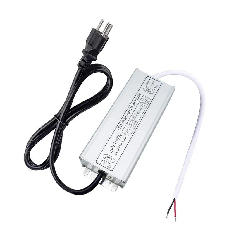 24V Waterproof LED Power Supply – 30W–300W Outdoor LED Driver, 90–265V AC Input, Single or Dual Wire Output, CE/RoHS/FCC Certified, US/UK/EU Plug & Wire Lead Options