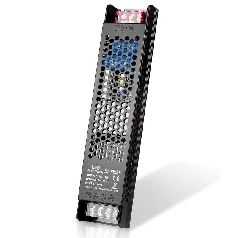 Slim Black DC 12V/24V 300W–400W Switching Power Supply, AC 110–130V/175–250V Input, LED Driver Transformer with Built-in Cooling Fan, CE/FCC/RoHS Certified