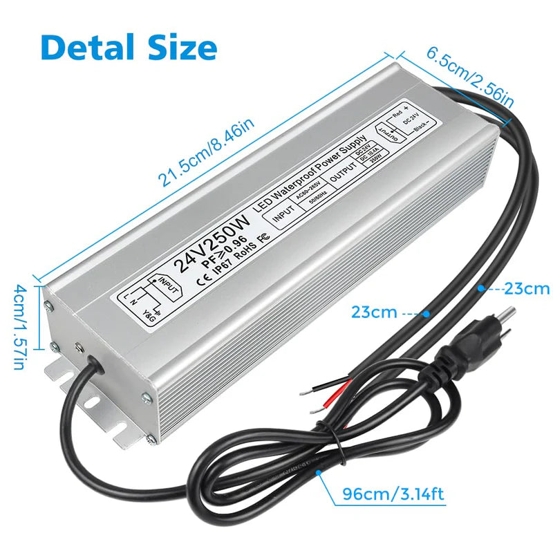 24V Waterproof LED Power Supply – 30W–300W Outdoor LED Driver, 90–265V AC Input, Single or Dual Wire Output, CE/RoHS/FCC Certified, US/UK/EU Plug & Wire Lead Options