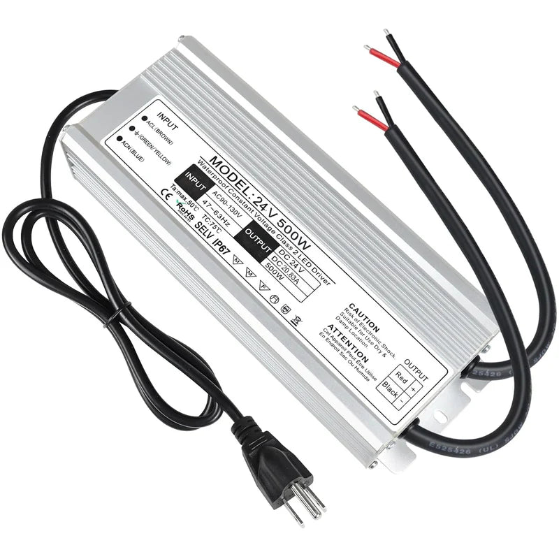 24V Waterproof LED Transformer – 200W–500W Outdoor LED Driver, 90–140V AC Input, Single or Dual Wire Output, CE/RoHS/FCC Certified, US Plug & Wire Lead Options