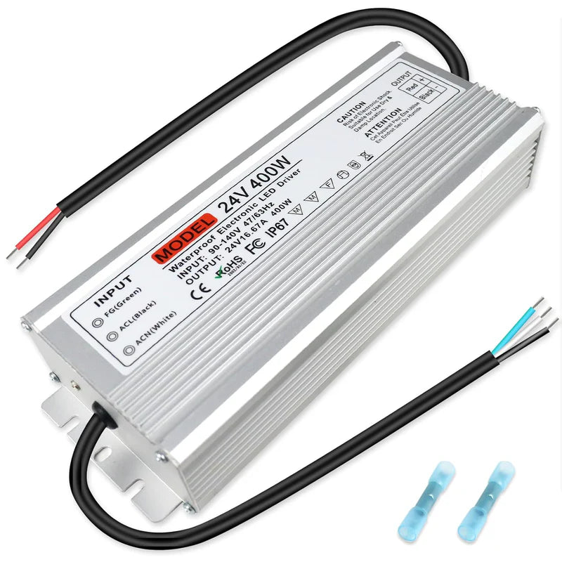 24V Waterproof LED Transformer – 200W–500W Outdoor LED Driver, 90–140V AC Input, Single or Dual Wire Output, CE/RoHS/FCC Certified, US Plug & Wire Lead Options