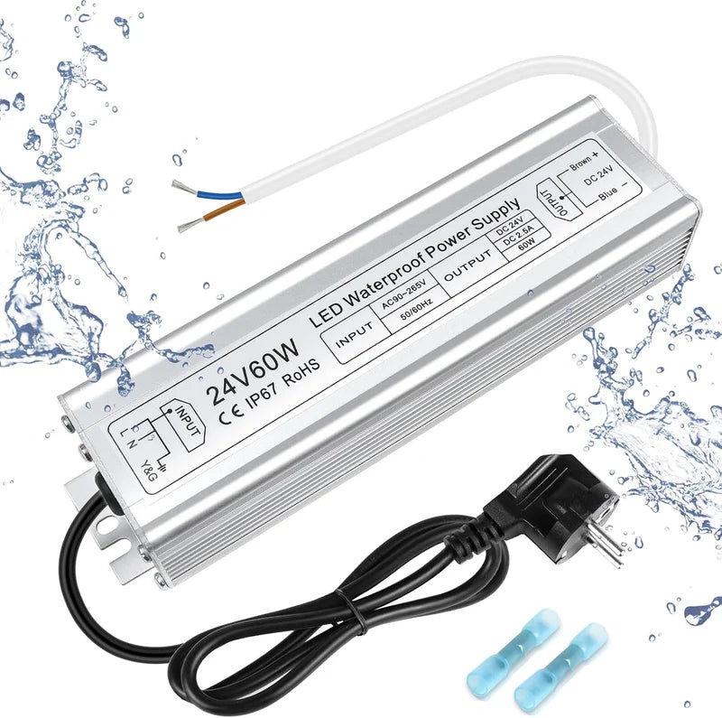 24V Waterproof LED Power Supply – 30W–300W Outdoor LED Driver, 90–265V AC Input, Single or Dual Wire Output, CE/RoHS/FCC Certified, US/UK/EU Plug & Wire Lead Options