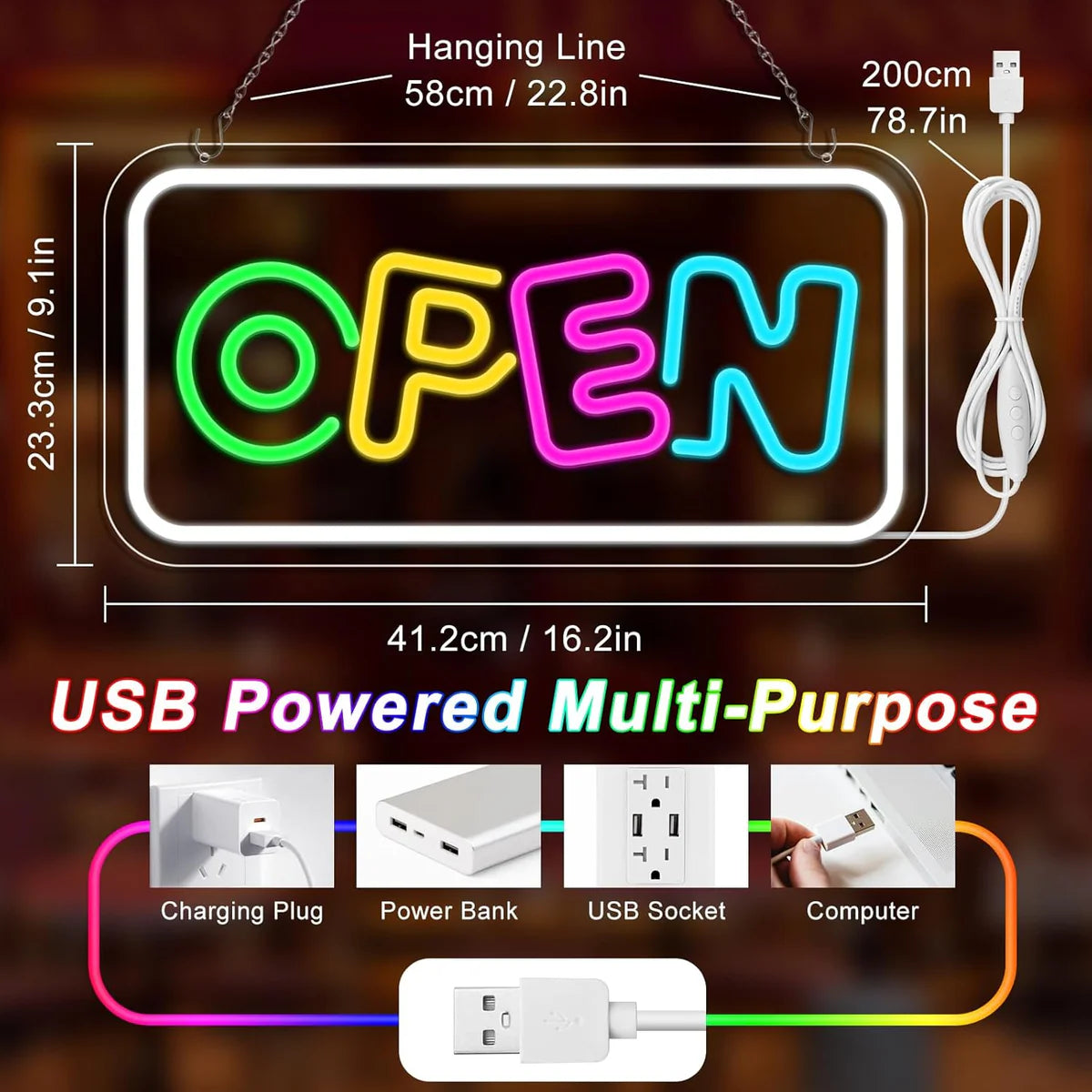 OPEN Neon Sign – Multicolor LED Light for Storefront & Business Decor | USB Powered | 17×9 inch (43×22 cm) | Horizontal or Vertical Style