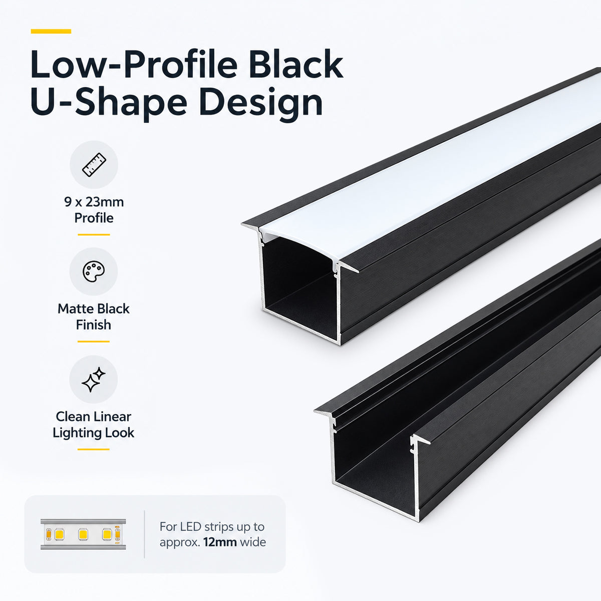 Schwarzes U05 36 x 24 mm U-förmiges Innenmaß 20 mm LED-Aluminium-Kanalsystem mit Abdeckung, Endkappen und Befestigungsklammern Aluminiumprofil für LED-Lichtstreifen ohne Fleckeninstallationen