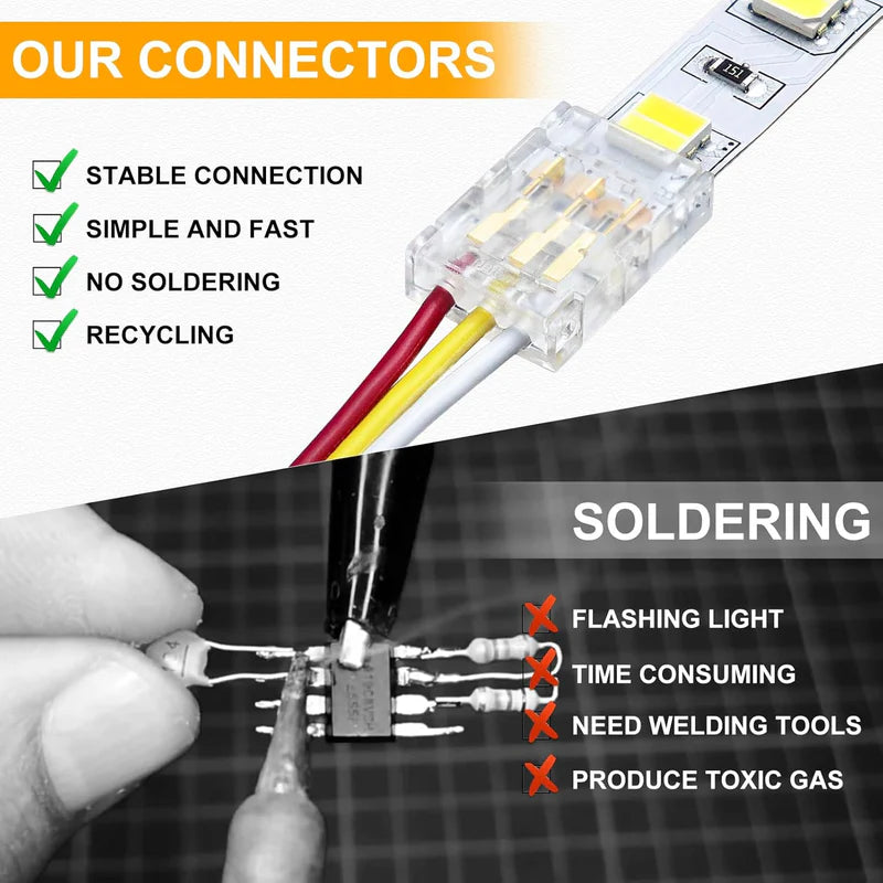 LightingWill LED Strip Connector 10mm 3Pin Transparent Solderless Clips, LED Light Strip Connector Strip to Wire Strip to Strip DC Adapter Connector for RGB IC Strip, Local Stock US UK