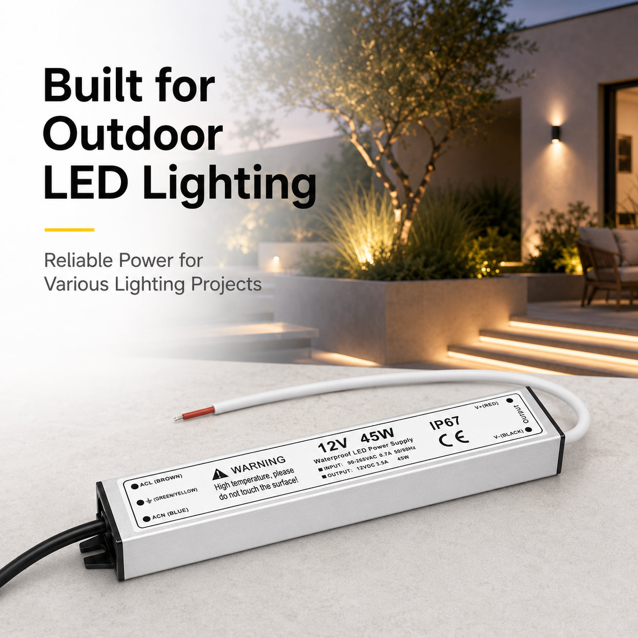 45W 12V Waterproof LED Power Supply, 90-265V Input, Single Output, Aluminum Housing, Outdoor LED Lighting Driver, CE/RoHS/FCC Certified, US/UK/EU Plug