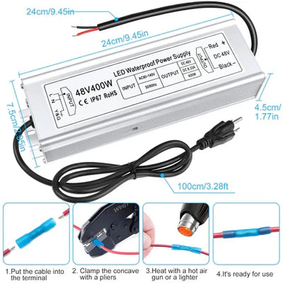 48V IP67 Waterproof LED Power Supply – 100W–400W Constant Voltage Transformer, 175–265V AC Input, Single Output SMPS, CE/RoHS/FCC Certified, UK/EU Plug & Wire Lead Options