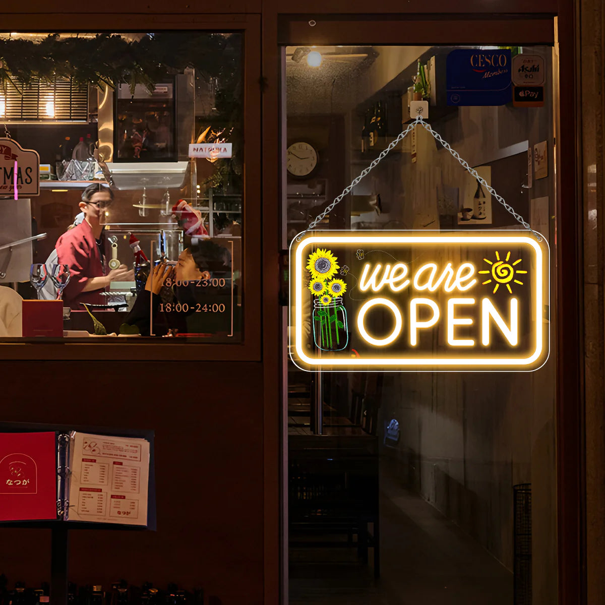 We Are Open Neon Sign with Sunflower Decor – USB Version | Warm White / Yellow & White | 17×9” / 24×13” | DC 5V LED Window Light for Business Decor