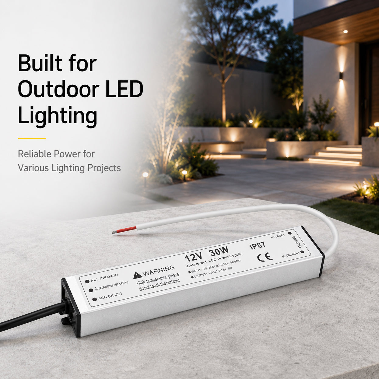 30W 12V/24V Waterproof LED Power Supply, 90-265V Input, Single Output, Aluminum Housing, Outdoor LED Lighting Driver, CE/RoHS/FCC Certified, US/UK/EU Plug