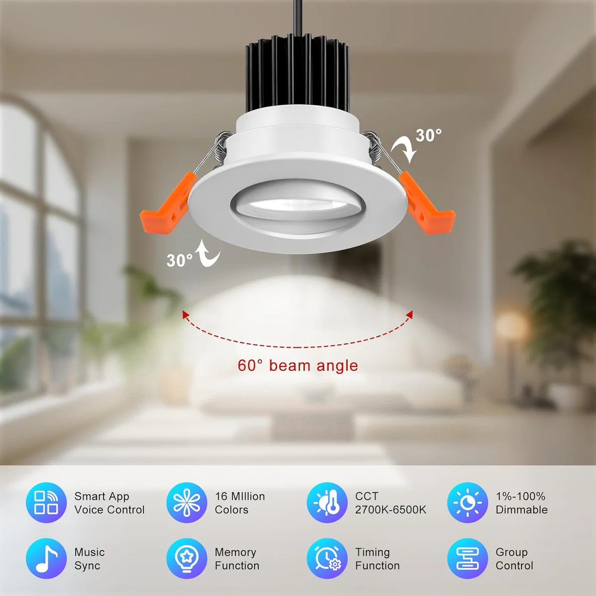 Smart RGB Downlight – COB WiFi Recessed Lighting, 2 Inch 5W, Dimmable RGB + CCT 2700–6500K, Works with Alexa & Google, 100–240V, White Housing, 4 / 6 / 10 / 12 Pack Options