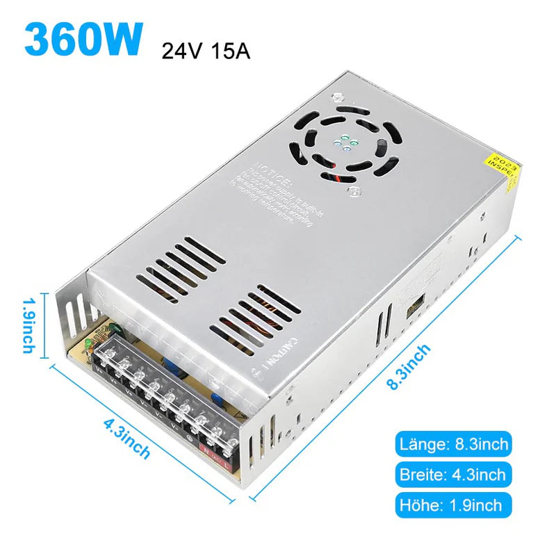 High Power DC 12V/24V 300W–600W Switching Power Supply, AC 110/220V Input, LED Driver Transformer, Metal Case with Cooling Fan, CE/FCC/RoHS Certified