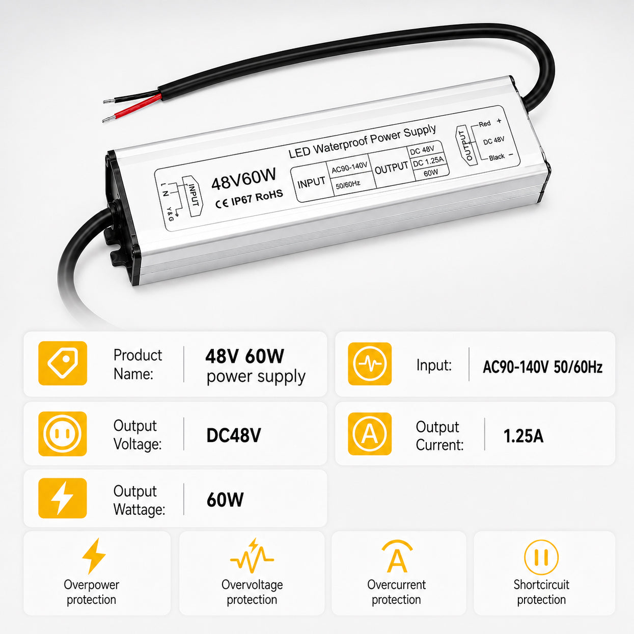 60W 12V/24V/36V/48V Waterproof LED Power Supply, 90-265V Input, Single Output, Aluminum Housing, Outdoor LED Lighting Driver, CE/RoHS/FCC Certified, US/UK/EU Plug