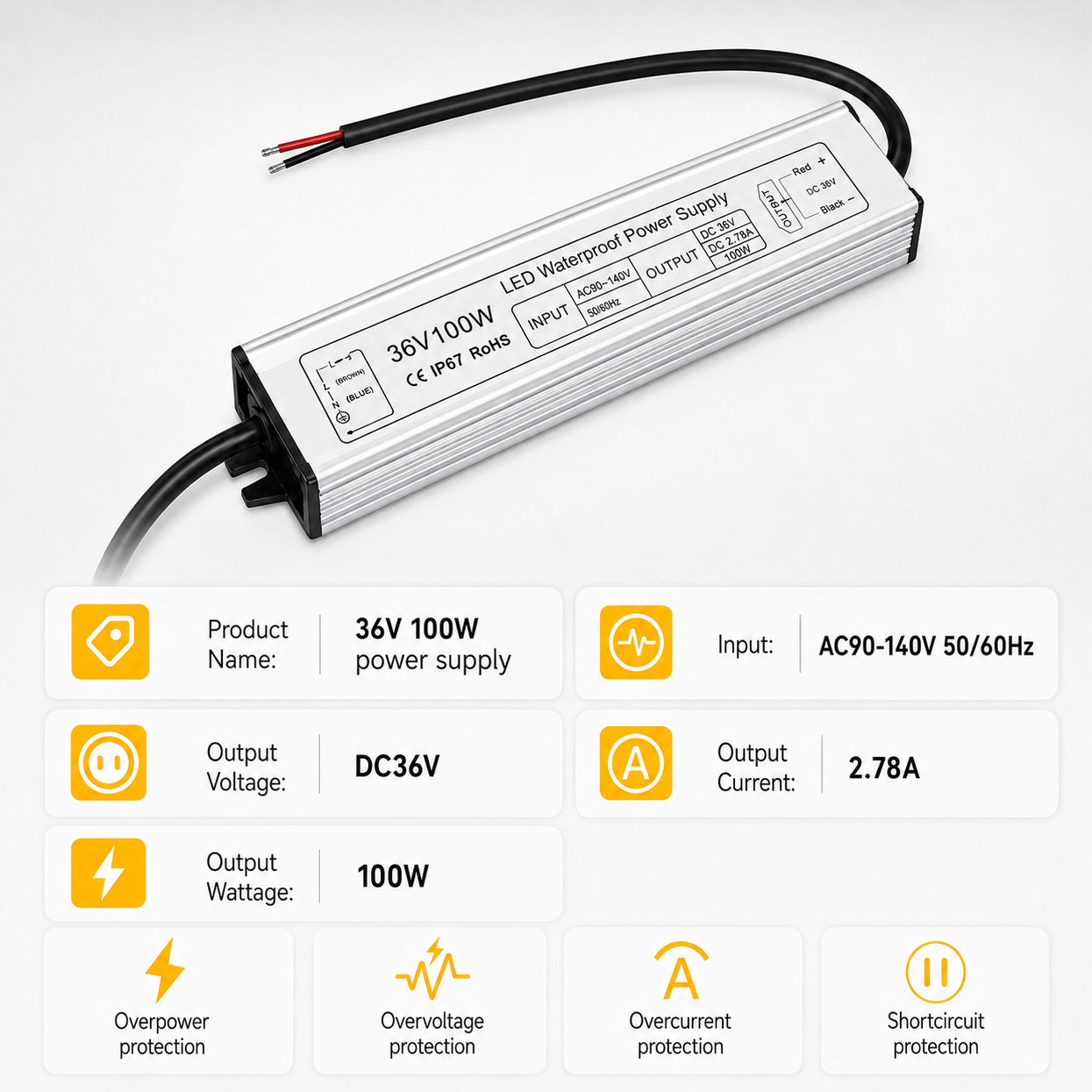 100W 36V/48V Waterproof LED Power Supply, 90-140V Input, Single Output, Aluminum Housing, Outdoor LED Lighting Driver, CE/RoHS/FCC Certified, US Plug