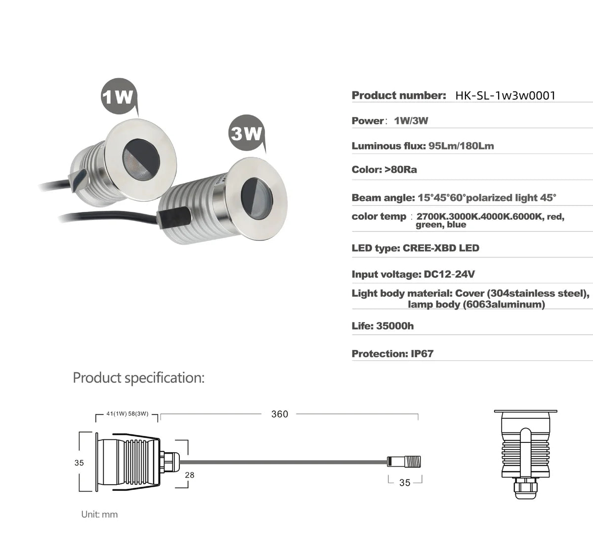 8/10-Pack Low Voltage LED Step Lights – 45° Beam Angle | 1W / 3W | 3000K / 4000K / 6000K Optional | DC12–24V | IP67 Waterproof Stainless Steel Inground Lights with Anti-glare Half Moon Lens for Deck, Pathway & Stair Lighting