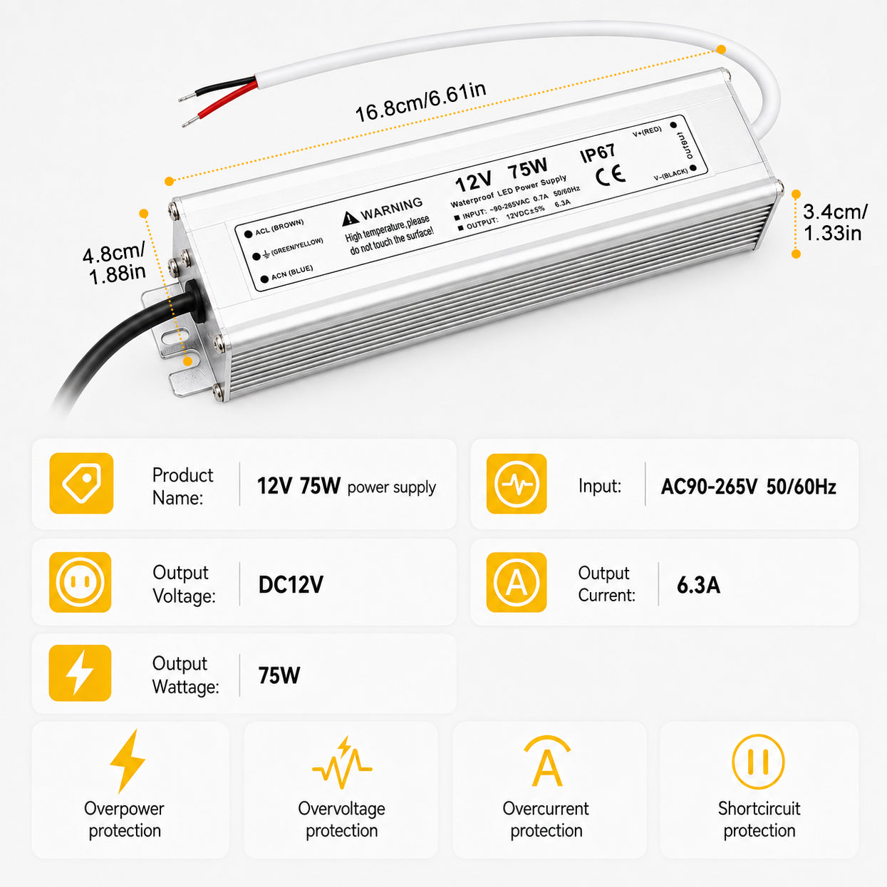 75W 12V Waterproof LED Power Supply, 90-265V Input, Single Output, Aluminum Housing, Outdoor LED Lighting Driver, CE/RoHS/FCC Certified, US/UK/EU Plug