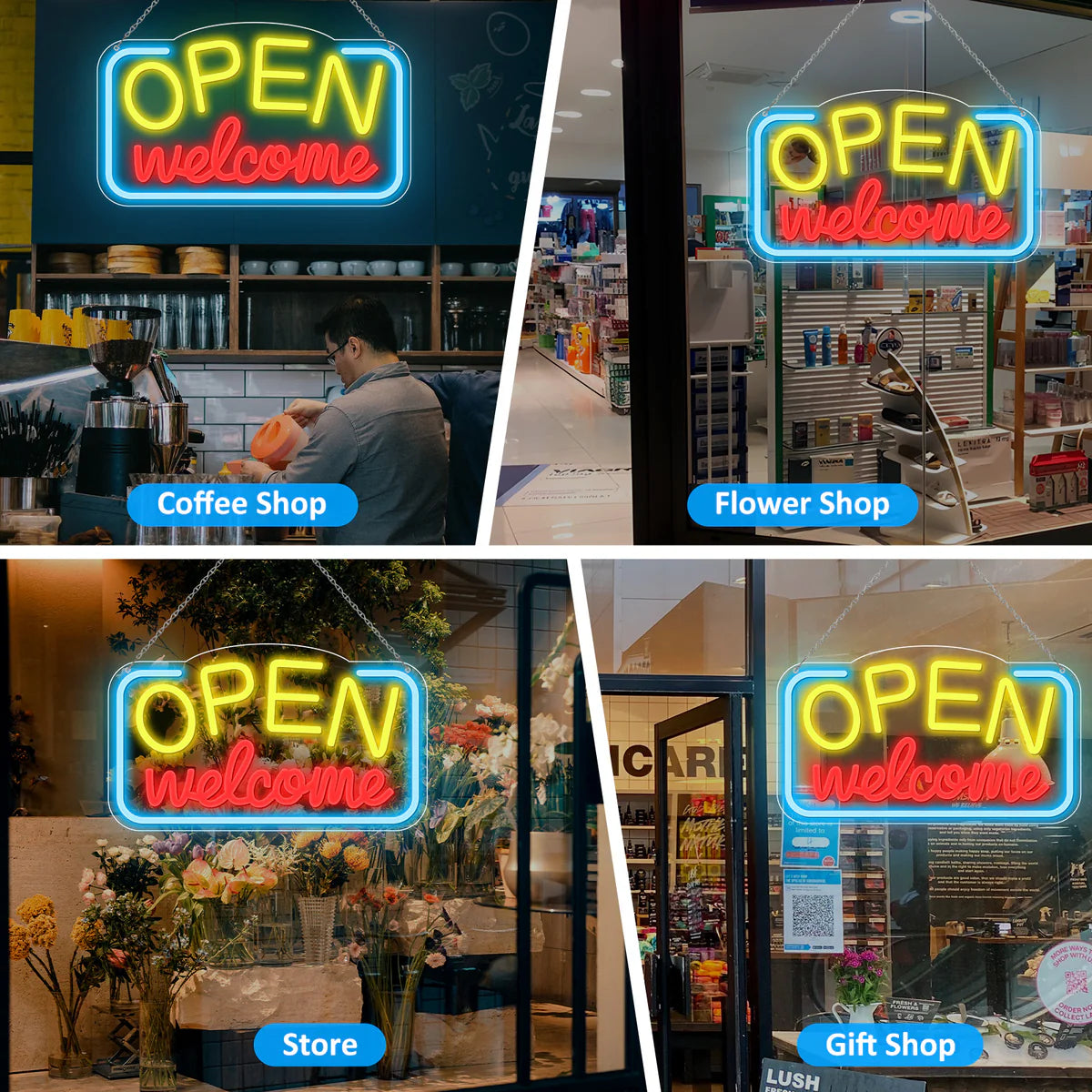 OPEN Welcome Neon Sign – 2 Color Options | USB Powered | 17×10 inch (43×25 cm) | LED Light for Storefront Window