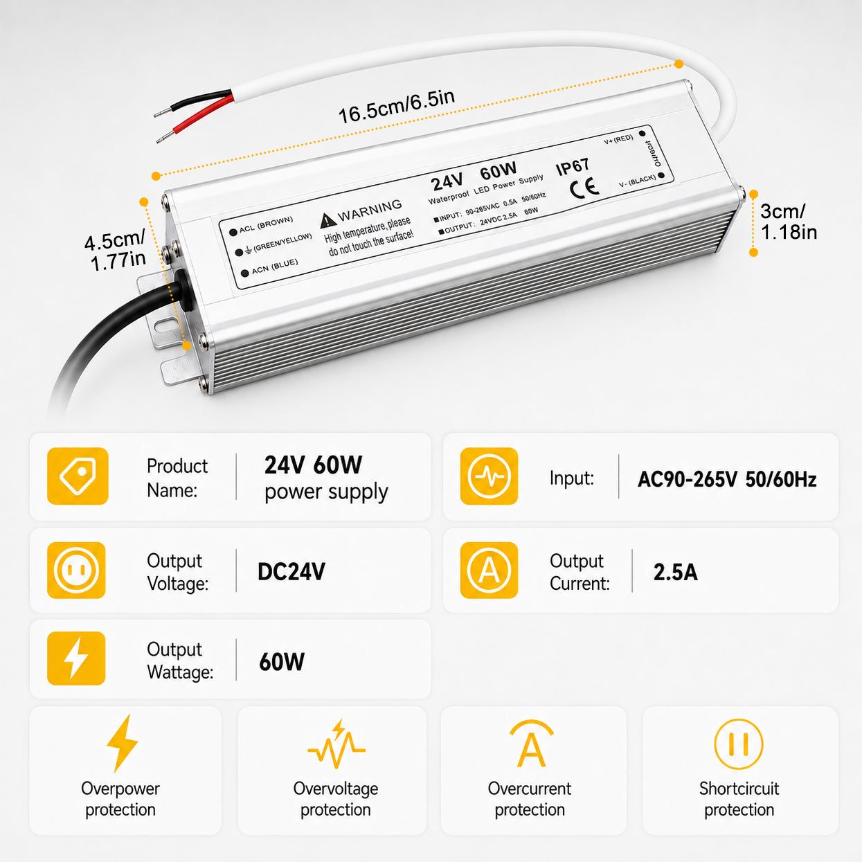60W 12V/24V/36V/48V Waterproof LED Power Supply, 90-265V Input, Single Output, Aluminum Housing, Outdoor LED Lighting Driver, CE/RoHS/FCC Certified, US/UK/EU Plug